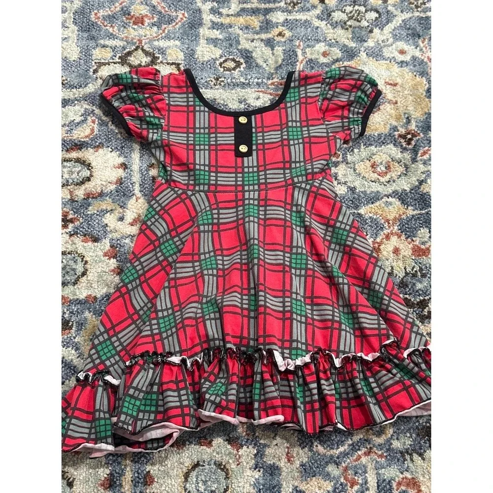 Tiny Twirls Dress Girls 4T Red Green Plaid Ruffle Holiday EUC